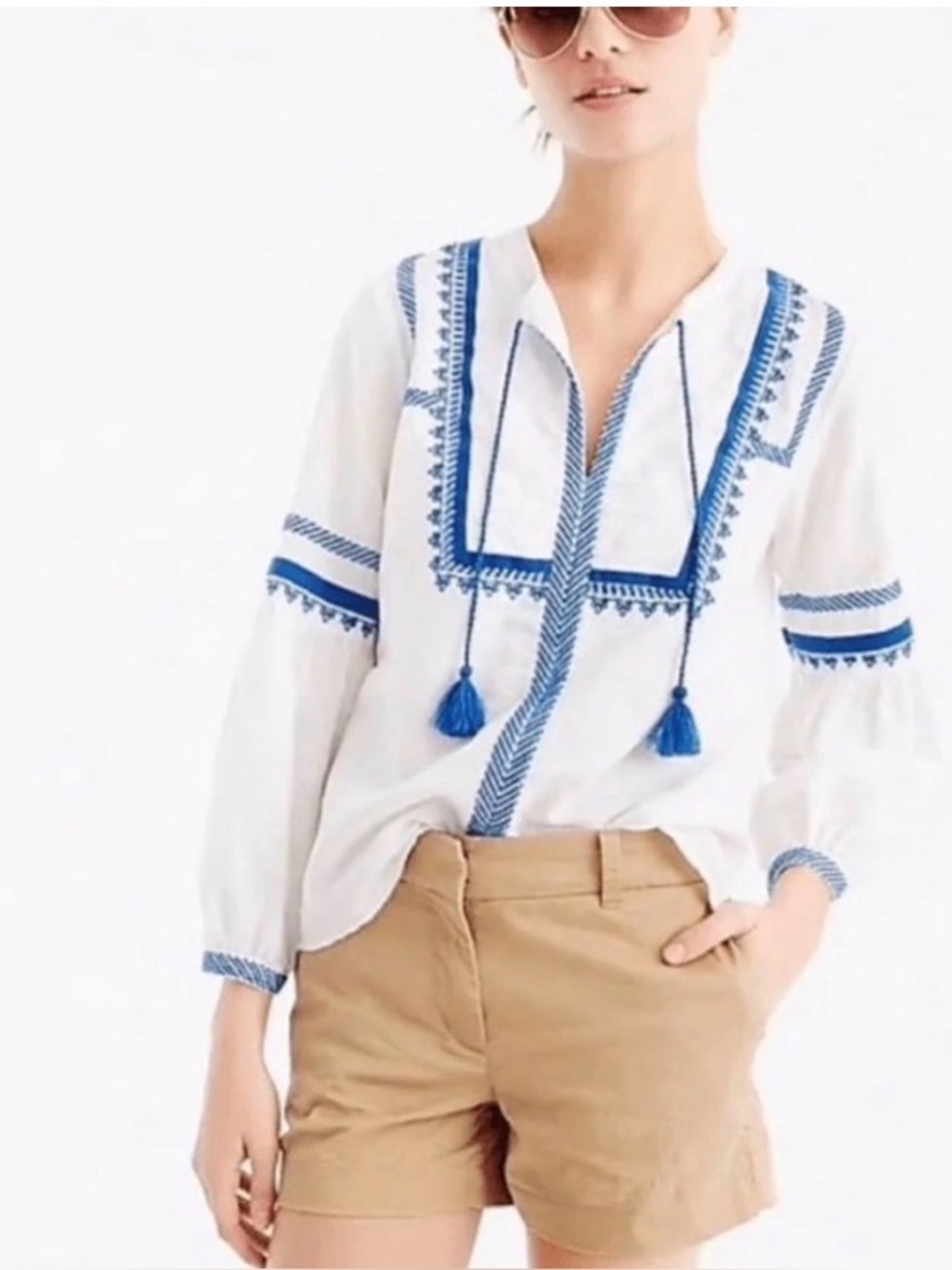 J. Crew White and Blue Embroidered Blouse Linen/cotton